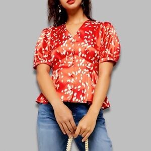 Topshop Dalmatian Pleat Blouse V-Neck Satin Button Front Polka Dot Red W US 10